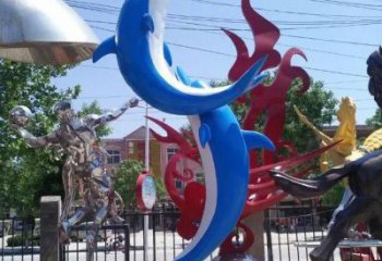 創意不銹鋼海豚雕塑廠家 步行街店門口雕塑 影視劇小品