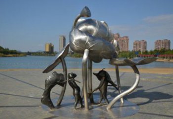 歷下蓮蓬嬉戲雕塑，城市植物景觀(guān)雕塑，不銹鋼鏡面效果